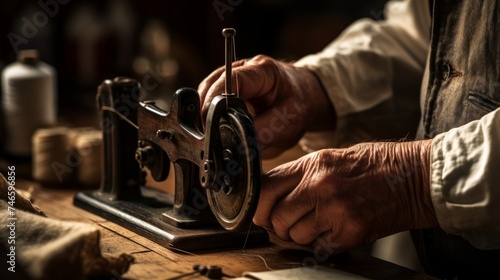 Attendant expertly threads sewing machine emphasizing repair craftsmanship photo