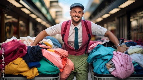 Laundry delivery person with cart of fresh clothes vibrant garment colors