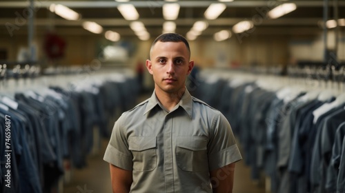 Portrait of laundry manager inspecting military uniforms soldiers at attention