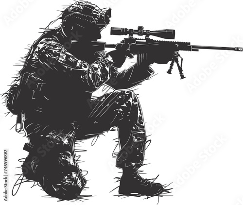 Silhouette sniper in action black color only full body
