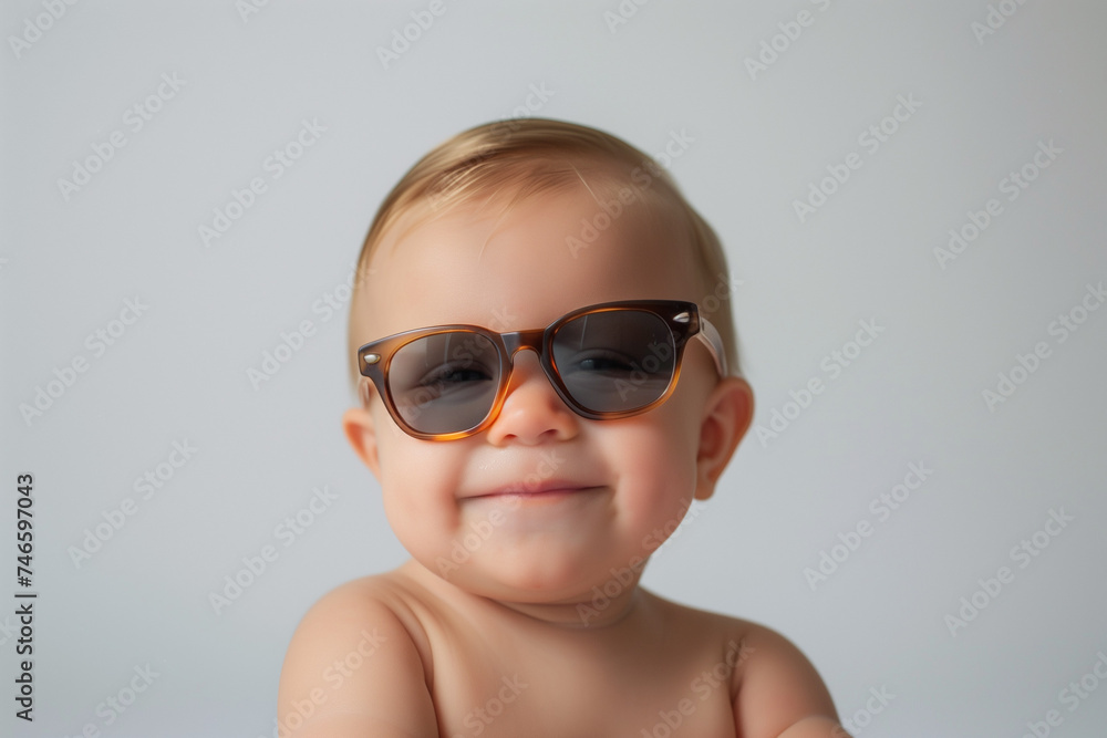 A happy baby boy with sunglasses on a white background. cute smiling or laughing baby. A happy baby boy with sunglasses on a white background. cute smiling or laughing baby.