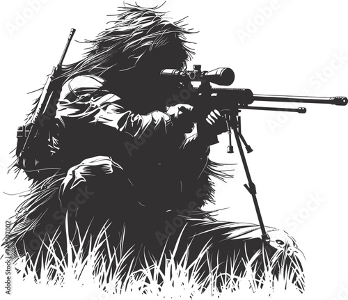 Silhouette sniper in action black color only full body