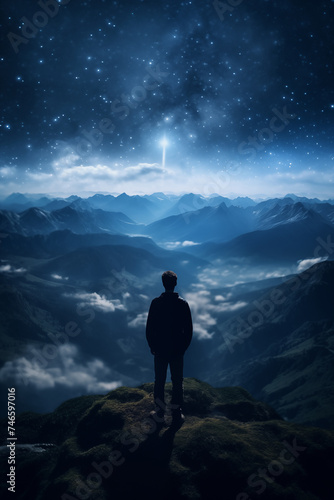 silhouette of a Climber standing on top of a mountain, watching the night sky, starry sky, and milky way © Pyrajak