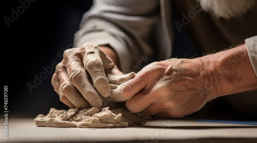 Hands mold clay into figurine intricate sculpture details under studio lighting