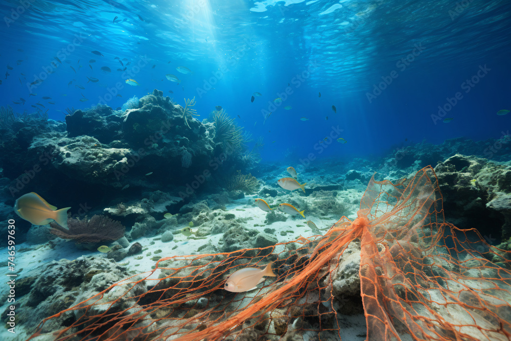Discarded fishing net Ghost net on the sea floor