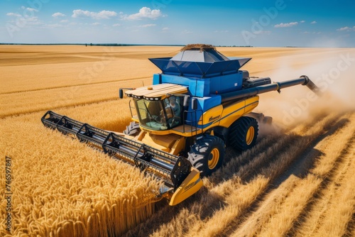 Aerial view of combine harvester harvesting wheat on sunny summer day in farm field