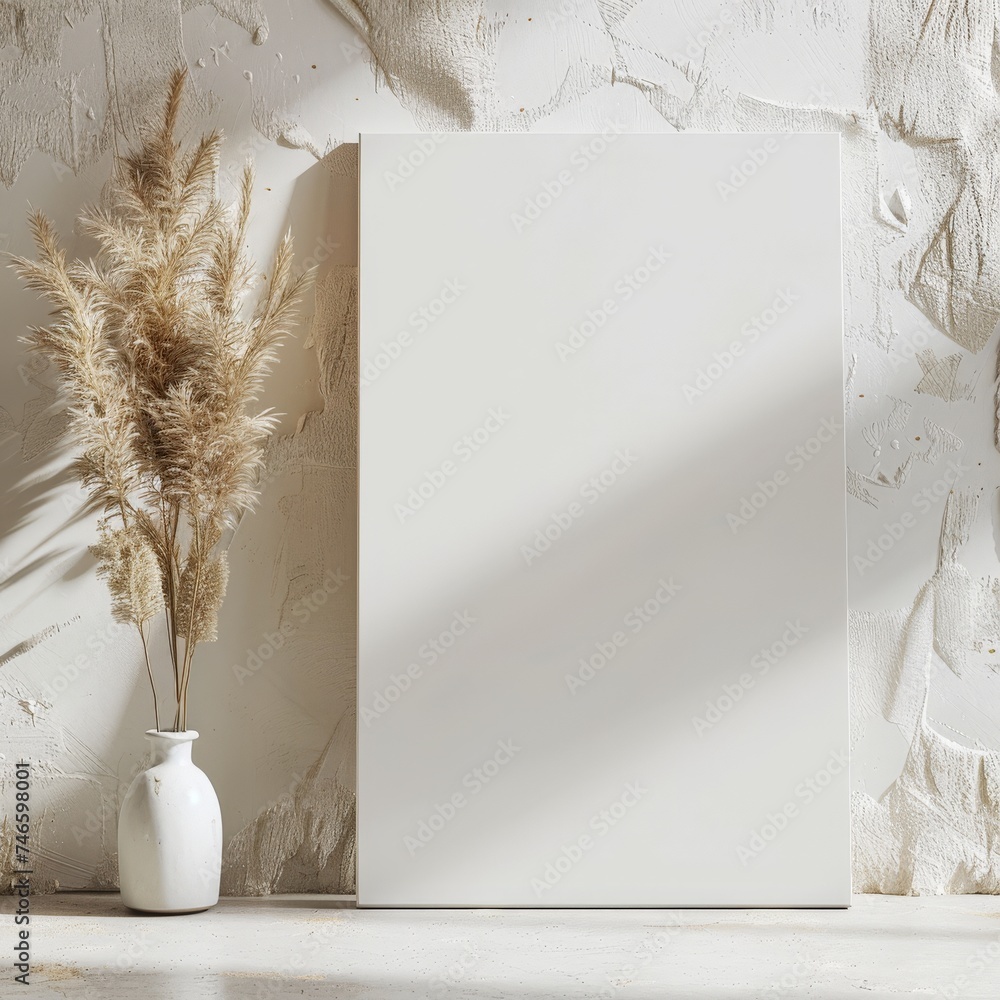 clean blank canvas leaning against a soft textured wall - art / poster mockup