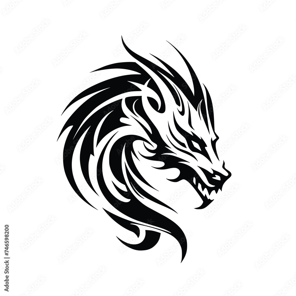 Obraz premium Vector Art of a Tribal Dragon Head Tattoo, Silhouette