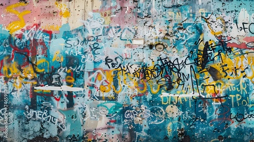 Abstract wall scribbles background. Street art graffiti texture with tags, drawings, inscriptions and spray paint stains 