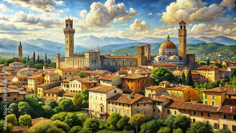 Italian Summer Cityscape Panorama: Oil Painting of Old City Center in Tuscany Landscape - obrazy, fototapety, plakaty 