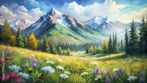 Summer Landscape with Wildflowers and Mountains: Digital Watercolor Painting, Printable Artwork © PhotoPhreak