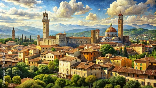 Italian Summer Cityscape Panorama: Oil Painting of Old City Center in Tuscany Landscape