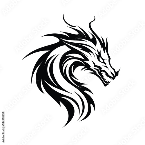 Dragon Head in Tribal Tattoo Style, Silhouette Vector Art