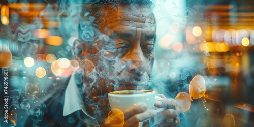 Latin man  with his rich  dark hair  finds serenity in a moment with his coffee within a double exposure image  melding seamlessly with bokeh lights to create a dreamy  reflective ambiance.