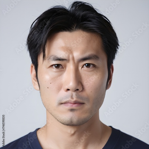 Headshot of a 35-year-old Japanese man with serious expression