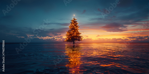Beautiful Christmas Tree in beach , Scenic Background