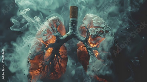 Aftermath of smoking – ruined lungs struggle for breath, trapped in the destructive embrace of cigarettes. photo