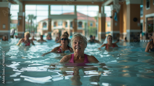 A group of seniors participating in a water aerobics class