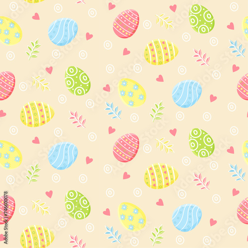 Happy Easter. Pattern with colorful Easter eggs and hearts on a beige background. Yellow, blue, pink and green