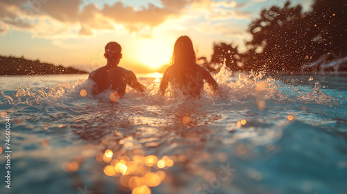 Romantic Sea Escape Pair of Woman and Man Having Fun in the Water at Sunset