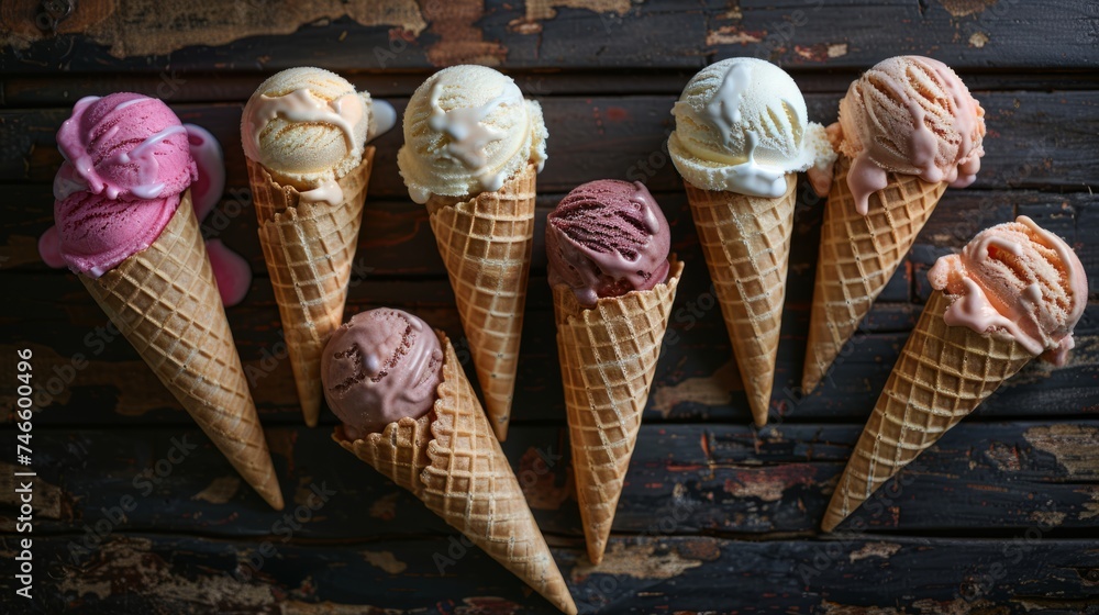 Selection of Ice Cream in Waffle Cones on Rustic Table