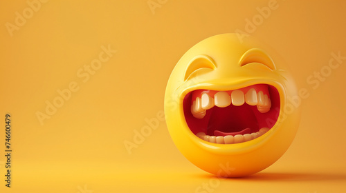 3d real emoji laughing face isolated on plain yellow studio background with text copy space