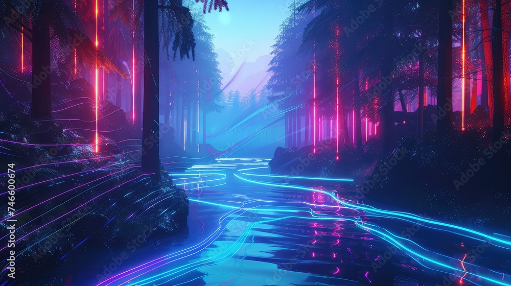 Fototapeta premium 80's synthwave abstract background, wire frames, river, forest, blue colors.