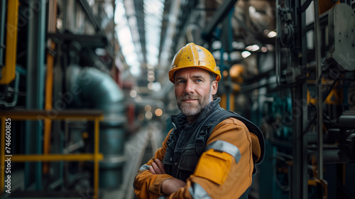 Industrial Mastery on Display Confident Male Worker Amidst Factory Pipes