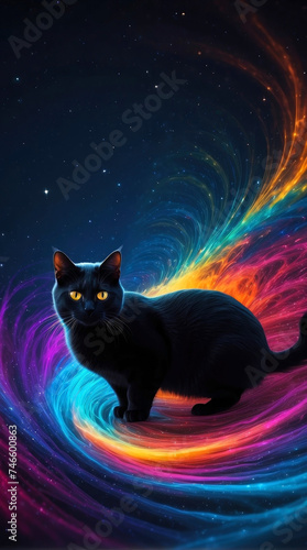 Black cat in neon rays
