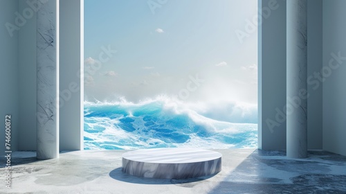 Minimalist white marble ceramic podium for showcase product with a pillar in the room and blue waves in the ocean background