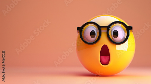 3d real yellow emoji surprised face with black frame glasses isolated on plain brown studio background with text copy space