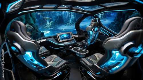 Futuristic spacecraft interior design with innovative control panels for space travel technology.
