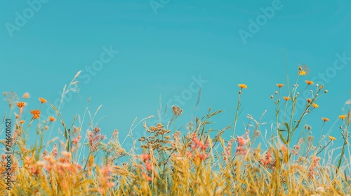 peacefull grassy background with colorfull flower. On the top we can see a blue sky. It has to be a background. The sky has to take more space than the grass   photo