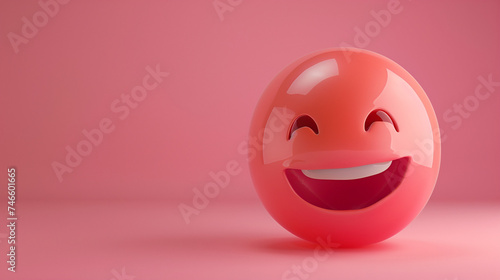 3d red real emoji happy face isolated on plain pink studio background with text copy space