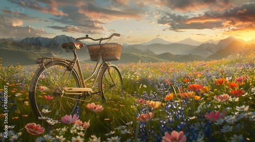 Bicycle with a wicker basket in a Beautiful spring landscape with colorful wildflowers in a green meadow, mountain background, at sunset. © Ziyan