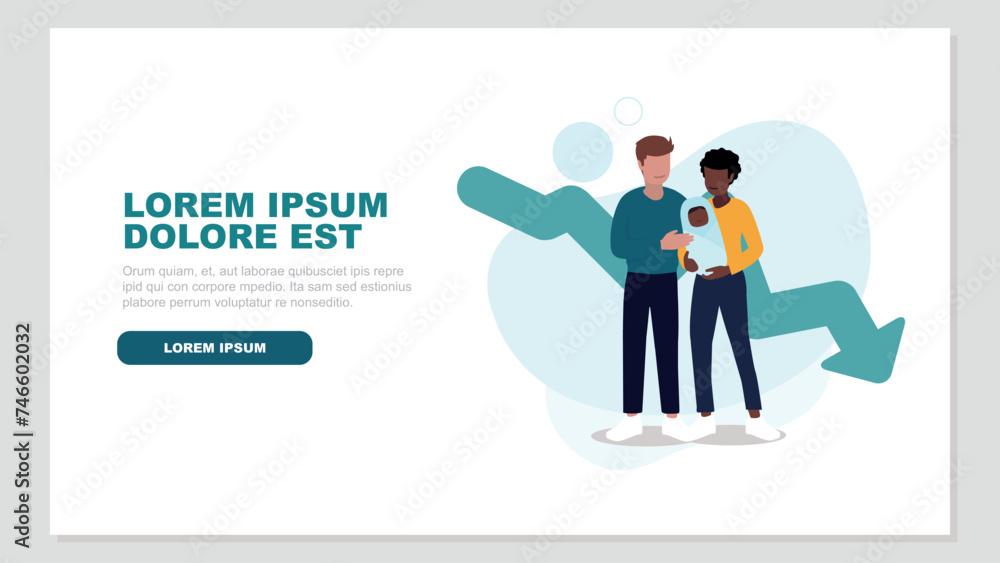 Vektor-Illustration eines Paares mit einem Baby, im Hintergrund eine sinkende Kurve eines Graphen - Familienkonzept Vektor-Illustration eines Paares mit einem Baby, im Hintergrund eine sinkende Kurve eines Graphen - Familienkonzept