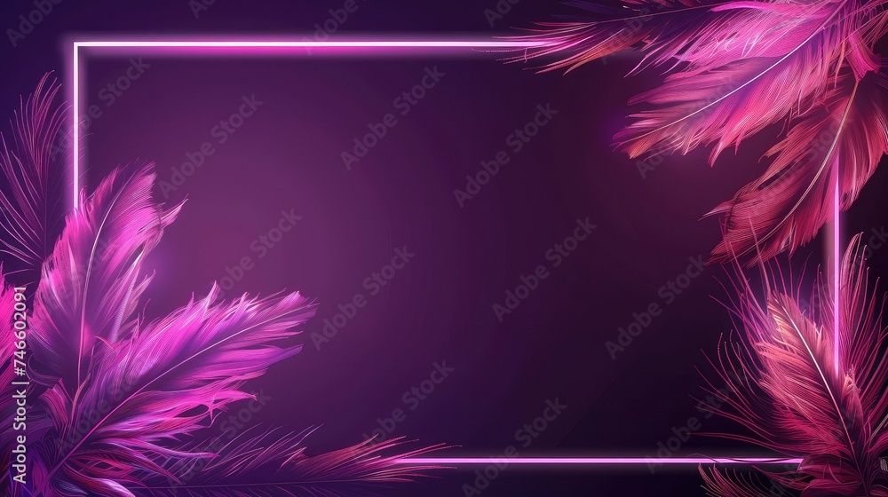 A neon frame with feathers on a dark background.