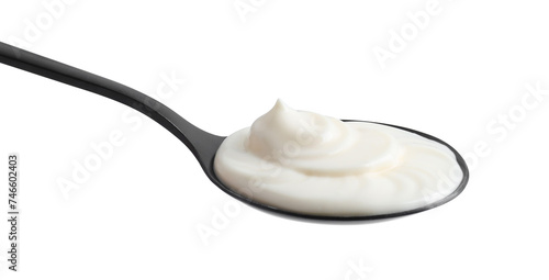 One black spoon with mayonnaise isolated on white