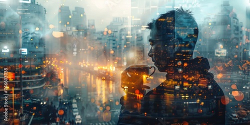 A black-haired Caucasian man  his locks dark and striking  indulges in a tranquil coffee moment within a double exposure image