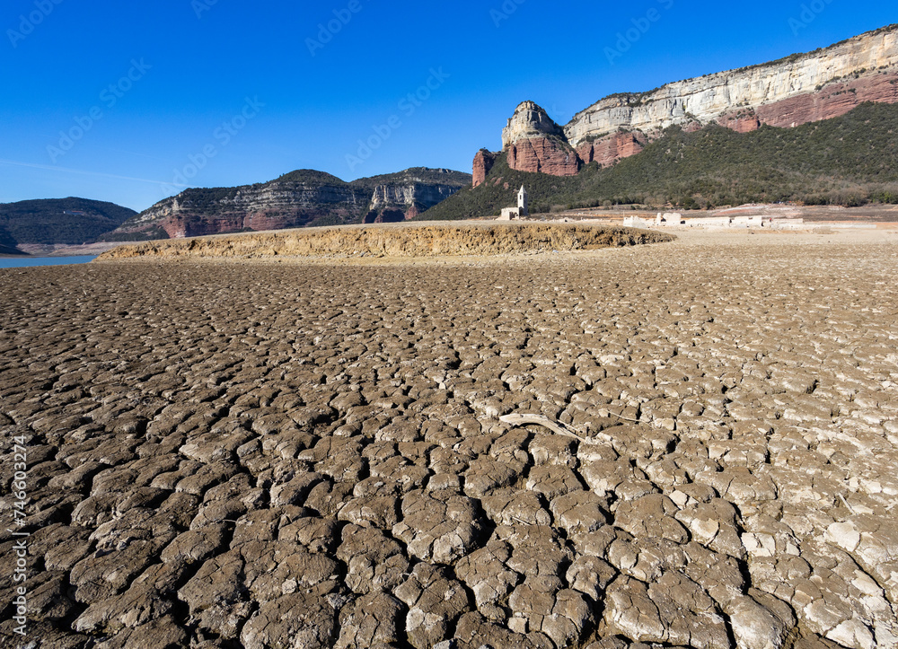 Lack water Sau Reservoir. The swamp is at very low water levels due to ...