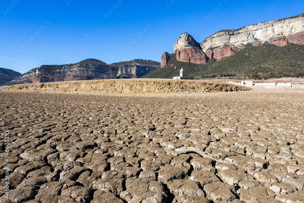 Lack water Sau Reservoir. The swamp is at very low water levels due to ...