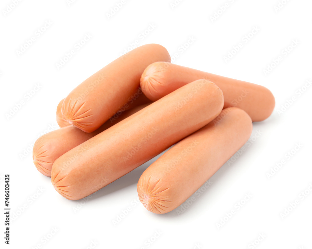 Many delicious boiled sausages on white background Many delicious boiled sausages on white background
