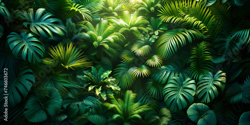 the richness of tropical vegetation  where dark green monstera  palm  coconut  fern  and banana leaves dominate.