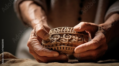 Anthropologist holding a fragile artifact with intricate carvings