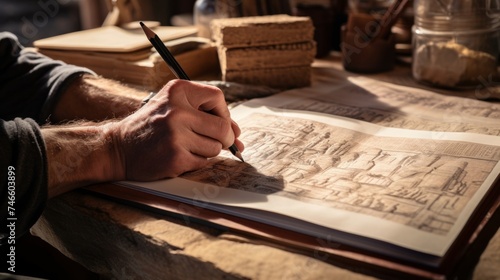 Anthropologist sketching ancient ruins showing commitment to history