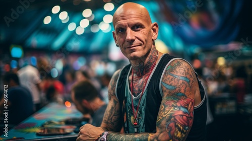 Tattoo artist at convention skillfully working on client's arm