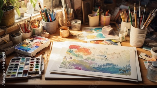 Close-up of illustrator's workspace with watercolors and character designs