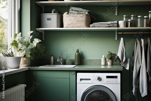 Contemporary laundry room interior design in realistic style with modern features and decor