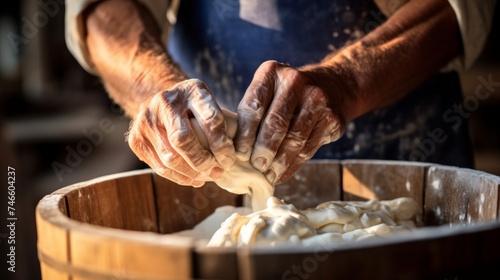Farmer's hands churning butter emphasizing traditional technique