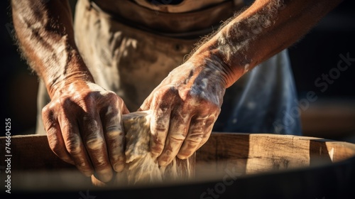 Butter churning detail farmer's hands in wooden barrel